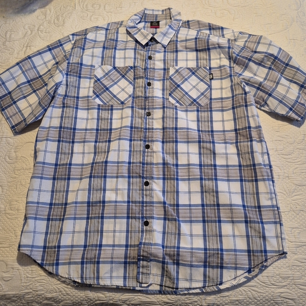 Ecko Unlimited men's 4XLT short sleeve blue gray white plaid shirt 2 pocket VGUC